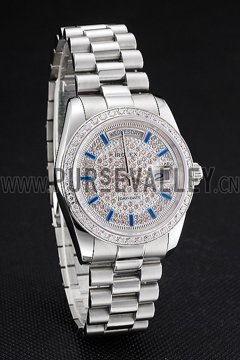 Swiss Rolex Day Date Diamond Pave Dial And Bezel Stainless Steel Case And Bracelet