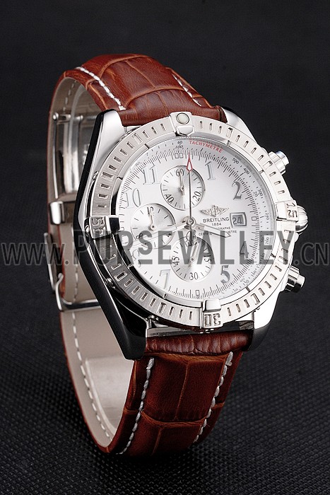 Breitling Chronomat 13 Stainless Steel Case White Dial Arabic Numerals Brown Leather Bracelet 622238