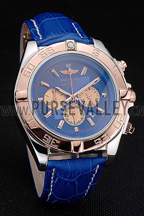 Breitling Chronomat Blue Dial Rose Gold Bezel And Subdials Stainless Steel Case Blue Leather Strap