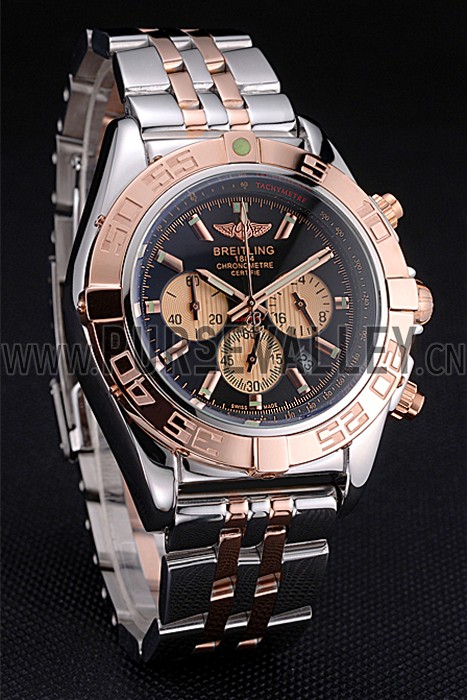Breitling Chronomat Black Dial Rose Gold Bezel And Subdials Stainless Steel Case Two Tone Bracelet