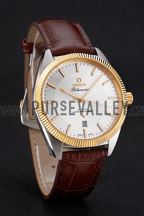 Omega Globemaster Silver Dial Gold Bezel Stainless Steel Case Brown Leather Strap