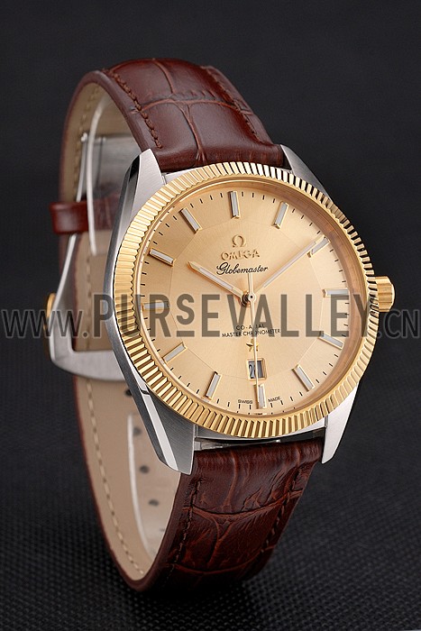 Omega Globemaster Gold Dial And Bezel Stainless Steel Case Brown Leather Strap