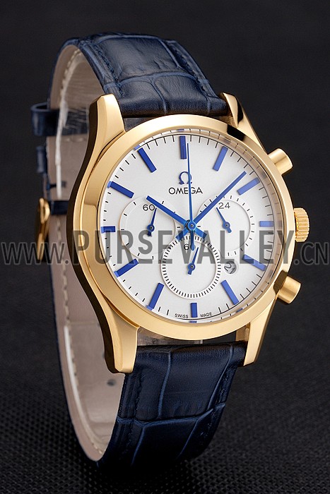 Omega Chronograph White Dial Gold Case Blue Leather Strap