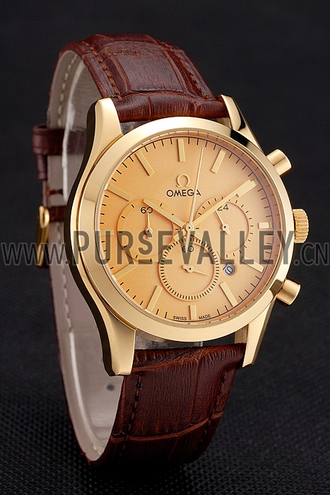 Omega Chronograph Gold Dial Gold Case Brown Leather Strap