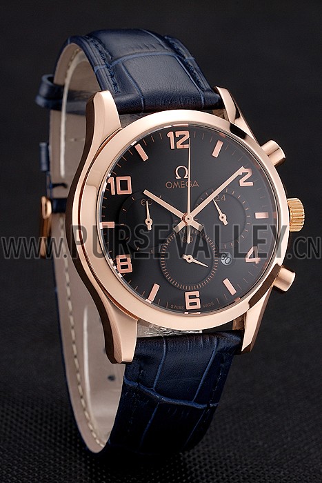 Omega Chronograph Black Dial Rose Gold Case Blue Leather Strap