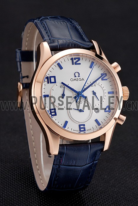 Omega Chronograph White Dial Rose Gold Case Blue Leather Strap