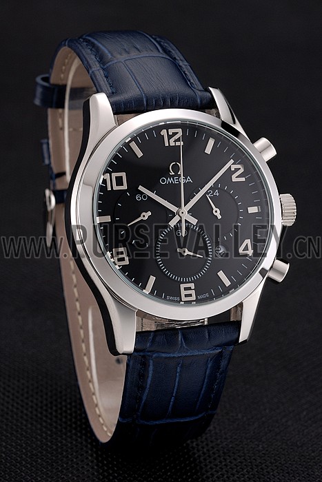 Omega Chronograph Black Dial Stainless Steel Case Blue Leather Strap