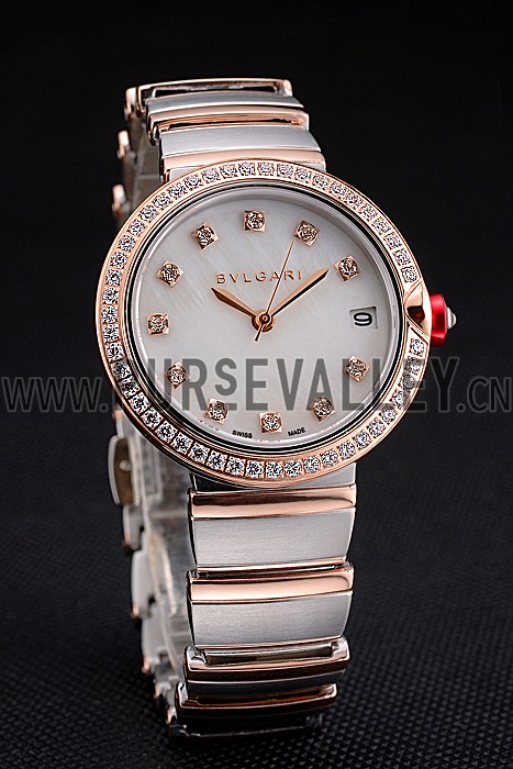 Bvlgari Lvcea White Dial Diamond Hour Markings Rose Gold Case With Diamonds Two Tone Bracelet