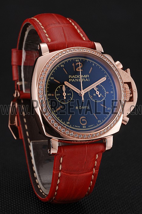 Panerai Radiomir 8 Days Chronograph Black Dial Diamond Bezel Rose Gold Case Red Leather Strap 1453797