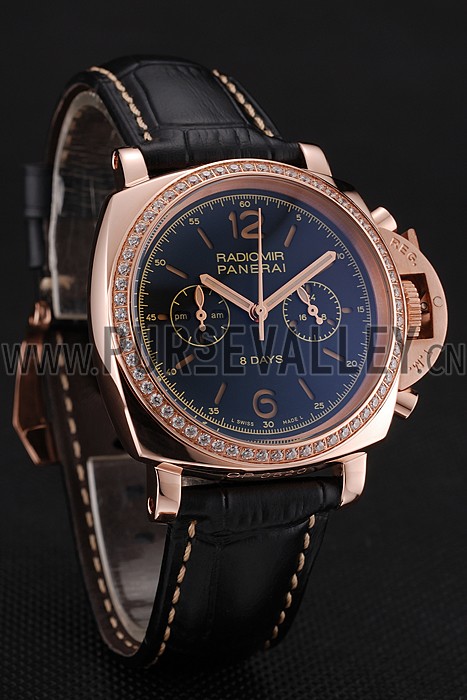 Panerai Radiomir 8 Days Chronograph Black Dial Diamond Bezel Rose Gold Case Black Leather Strap 1453798
