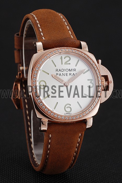 Panerai Radiomir White Dial Diamond Bezel Rose Gold Case Brown Suede Leather Strap 1453799