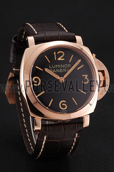 Swiss Panerai Luminor Black Dial Rose Gold Case Brown Leather Strap 1453842