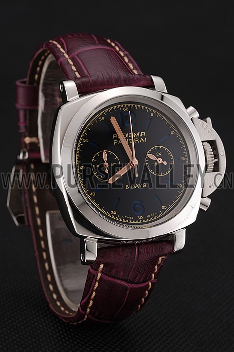 Panerai Radiomir 8 Days Chronograph Black Dial Stainless Steel Case Plum Leather Strap 1453795