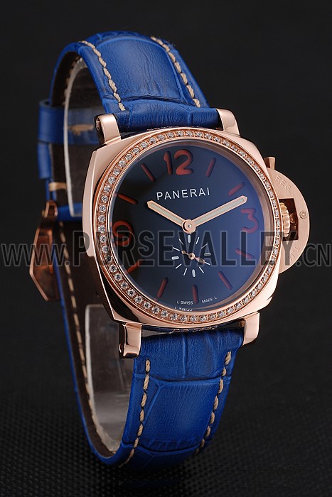 Panerai Radiomir Black Dial Diamond Bezel Rose Gold Case Blue Leather Strap 1453800