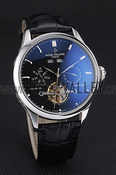 Patek Philippe Day Date Tourbillon Black Dial Stainless Steel Case Black Leather Strap 622839