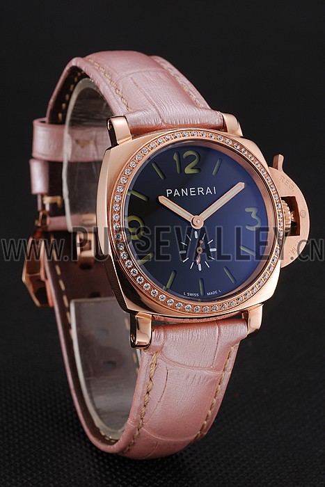 Panerai Radiomir Black Dial Diamond Bezel Rose Gold Case Pink Leather Strap 1453801