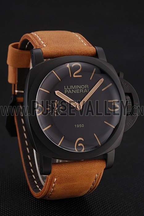 Swiss Panerai Luminor 1950 Black Dial Black PVD Case Brown Suede Leather Strap 1453851