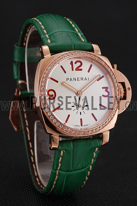 Panerai Radiomir White Dial Diamond Bezel Rose Gold Case Green Leather Strap 1453803