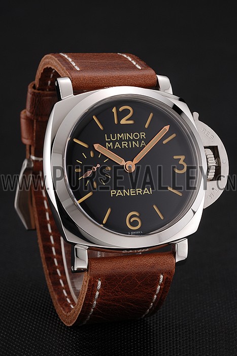 Swiss Panerai Luminor Marina Black Dial Stainless Steel Case Brown Leather Strap 1453852