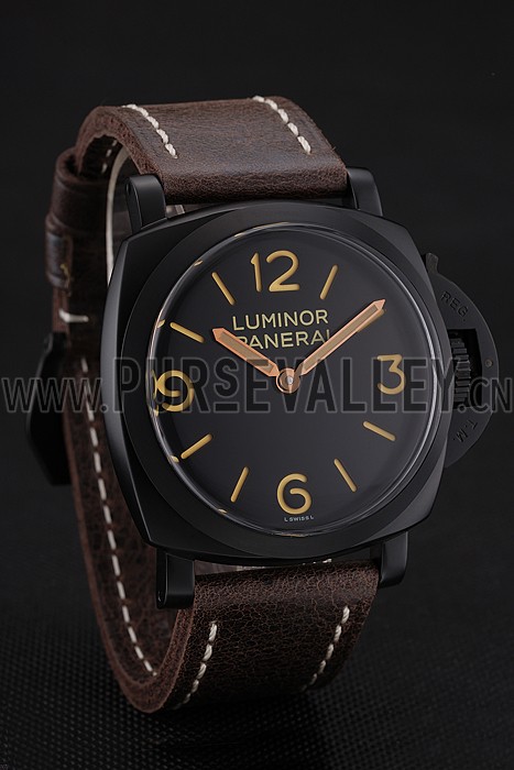 Swiss Panerai Luminor Black Dial Black PVD Case Brown Leather Strap 1453855