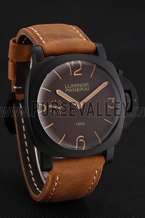 Swiss Panerai Luminor 1950 Brown Dial Black PVD Case Brown Suede Leather Strap 1453848