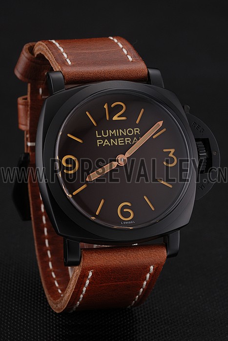 Swiss Panerai Luminor Brown Dial Black PVD Case Brown Leather Strap 1453856