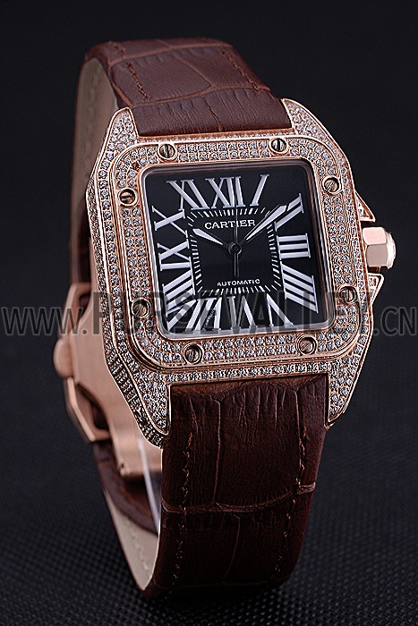 Swiss Cartier Santos Black Dial Diamonds Case Brown Leather Bracelet 622550