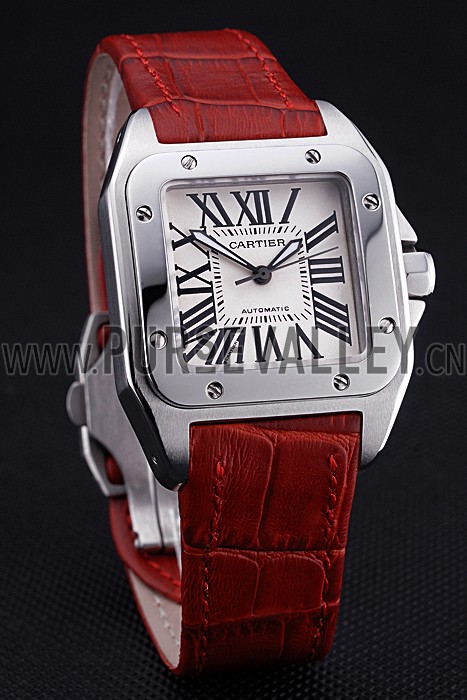 Swiss Cartier Santos White Dial Stainless Steel Case Red Leather Bracelet 622551
