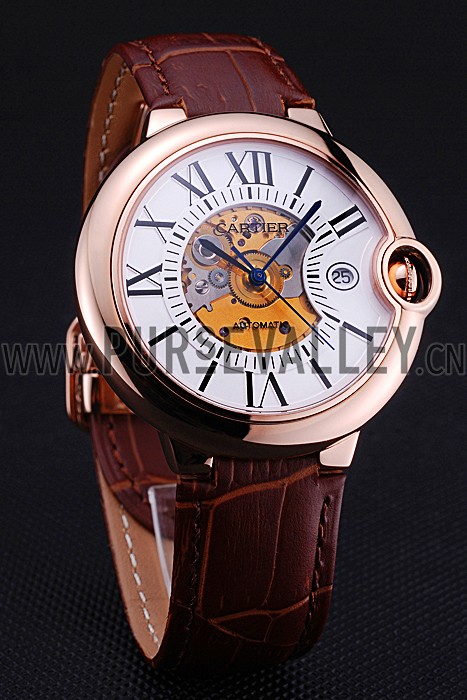 Swiss Cartier Ballon Bleu de Cartier White Dial Gold Case Brown Leather Bracelet 622552