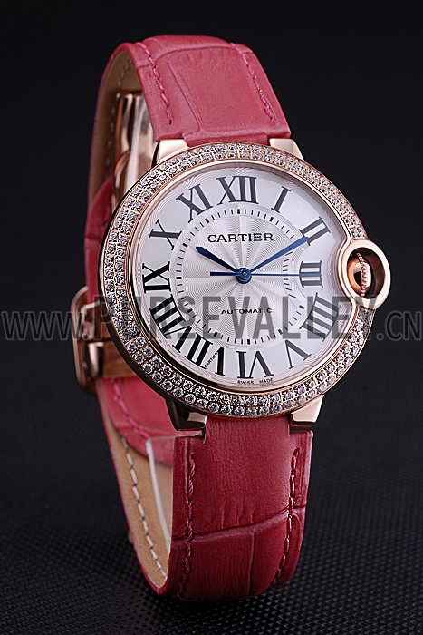 Swiss Cartier Ballon Bleu de Cartier White Dial Diamonds Case Pink Leather Bracelet 622553