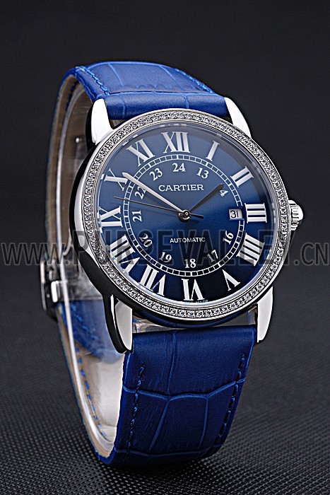 Swiss Cartier Ronde Solo Stainless Steel Diamond Case Blue Dial Roman Numerals 622197