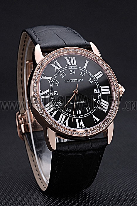 Swiss Cartier Ronde Solo Gold Diamond Case Black Dial Roman Numerals 622207