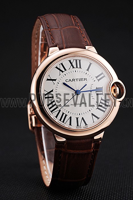 Swiss Ballon Blue De Cartier Gold Case White Dial Roman Numerals Brown Leather Bracelet 622651