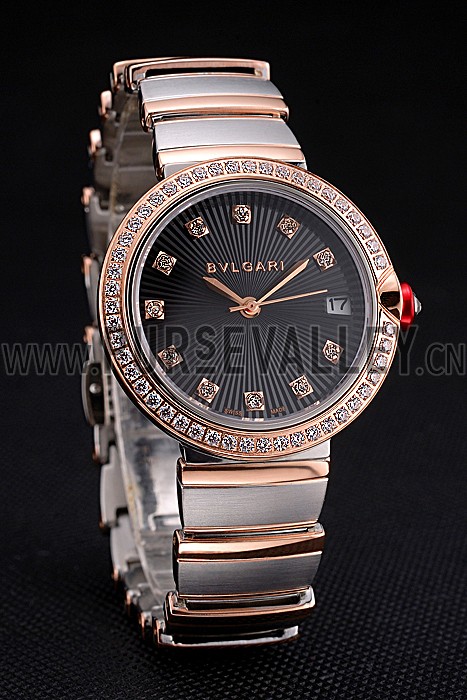 Bvlgari Lvcea Black Dial Diamond Hour Markings Rose Gold Case With Diamonds Two Tone Bracelet