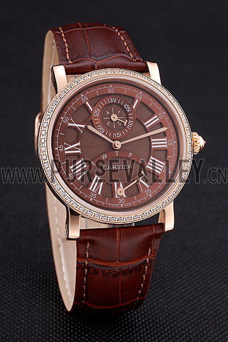 Cartier Rotonde Brown Dial Gold Case With Jewels Brown Leather Strap 622759