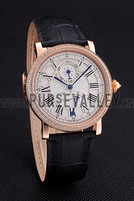 Cartier Rotonde White Dial Gold Case With Jewels Black Leather Strap 622760