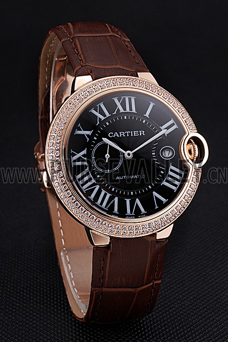 Swiss Cartier Ballon Bleu Diamond Case Black Dial Brown Leather Bracelet 622679