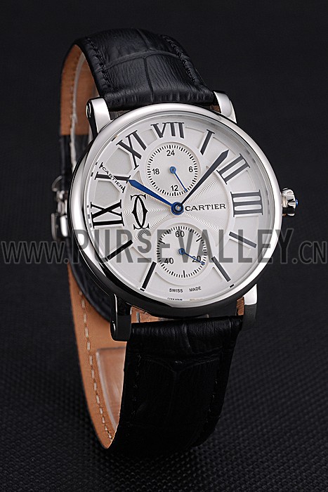 Cartier Ronde Second Time Zone White Dial Stainless Steel Case Black Leather Strap 622798
