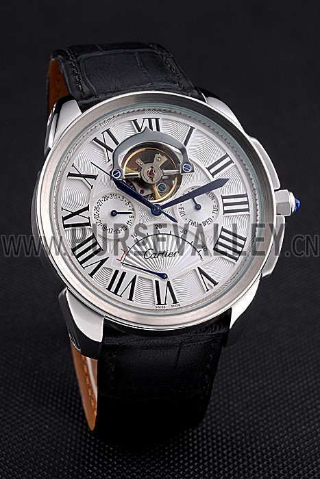 Cartier Calibre Tourbillon White Dial Stainless Steel Case Black Leather Strap 622751