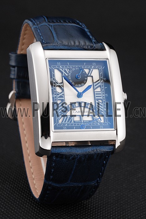 Cartier Tank White Dial Stainless Steel Case Blue Leather Strap 622762