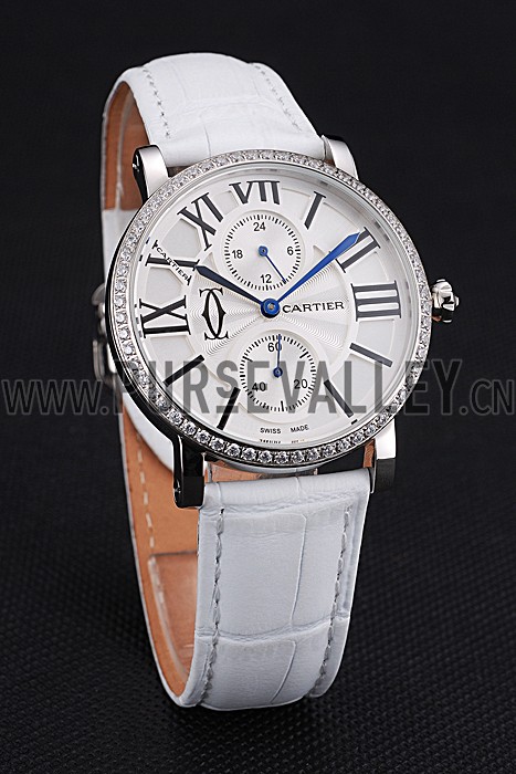 Cartier Ronde Second Time Zone White Dial Stainless Steel Case With Diamonds White Leather Strap 622803