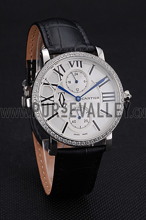 Cartier Ronde Second Time Zone White Dial Stainless Steel Case With Diamonds Black Leather Strap 622804