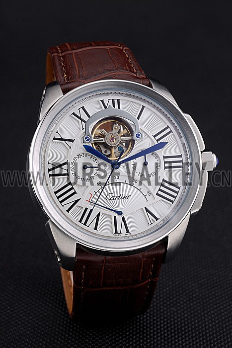 Cartier Calibre Tourbillon White Dial Stainless Steel Case Brown Leather Strap 622750