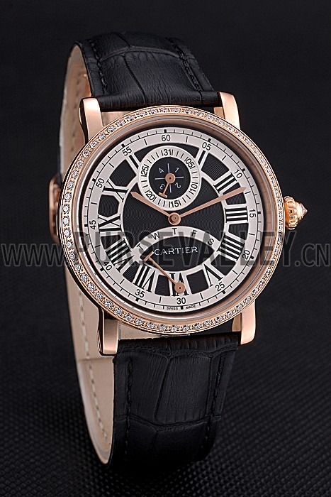 Cartier Rotonde Black And White Dial Gold Case With Jewels Black Leather Strap 622758