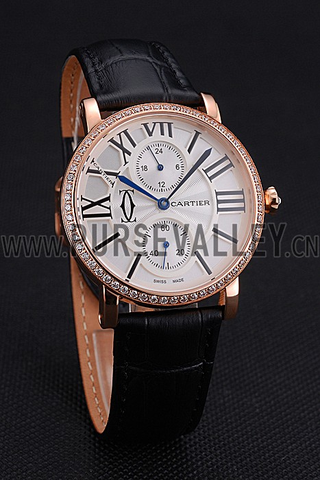 Cartier Ronde Second Time Zone White Dial Gold Case With Diamonds Black Leather Strap 622809