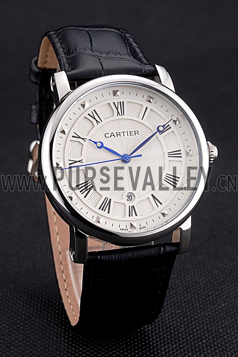 Cartier Rotonde Date White Dial Stainless Steel Case Black Leather Strap