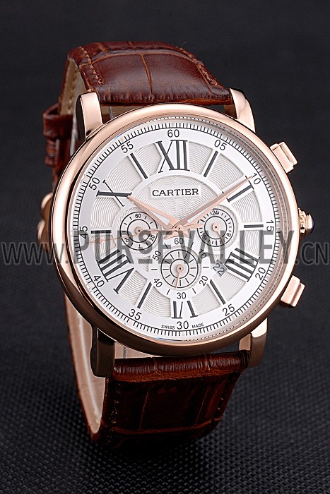 Cartier Rotonde Chronograph White Dial Rose Gold Case Brown Leather Strap