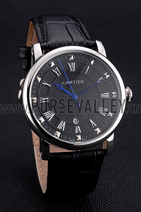 Cartier Rotonde Date Black Dial Stainless Steel Case Black Leather Strap