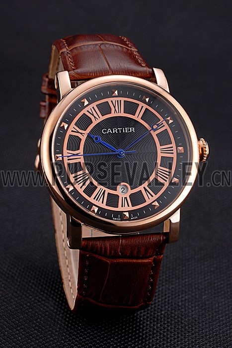 Cartier Rotonde Date Black Dial Rose Gold Case Brown Leather Strap