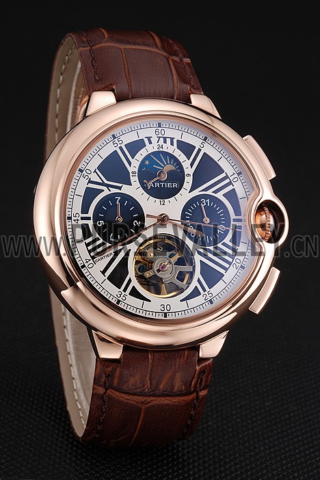 Cartier Ballon Bleu Flying Tourbillon Chronograph White Dial Rose Gold Case Brown Leather Strap